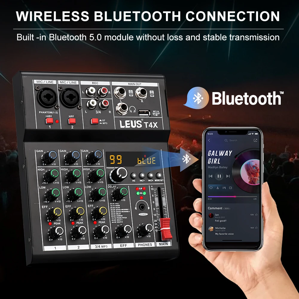 LEUS T4X 4 Channel 99 DSP Effect Audio Mixer Record PC 48V Phantom Power USB Sound Mixers Bluetooth DJ Console Mixing for Karaok