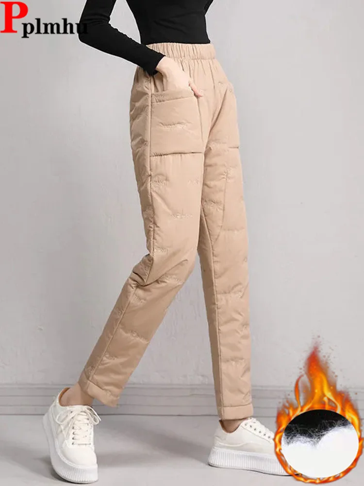 

Warm Down Cotton Quilted Straight Pants Winter New Women Fluffy Pantalones Elastic High Waist Baggy Ankle-length Thick Trousers