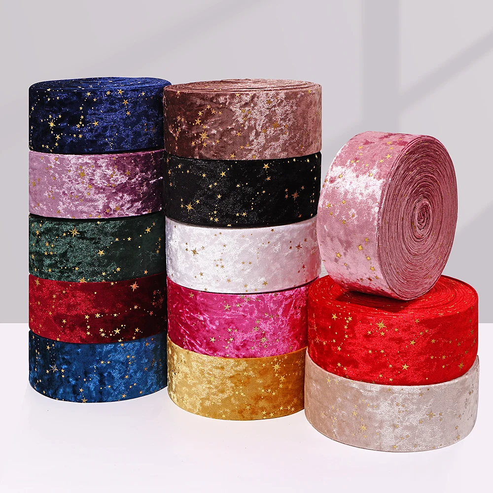 Double-sided Velvet Ribbons Hot Stamping Stars DIY Gift Wrapping Wedding Bouquet Christmas Decor Party Supplies A0021
