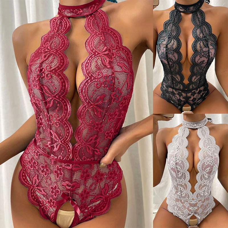 

Sexy Sleeveless Lace Perspective Teddy Doll Street Deep V Tights Backless Crotch Less Red One Piece Bodysuit Rompers Suit