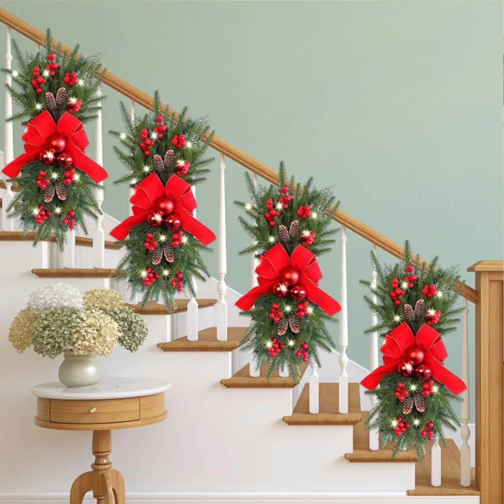 

Background Wall Decoration Vibrant Led-lit Christmas Wreath With Bow Artificial Leaves Berry Clusters Pine Cones For Stair Swags