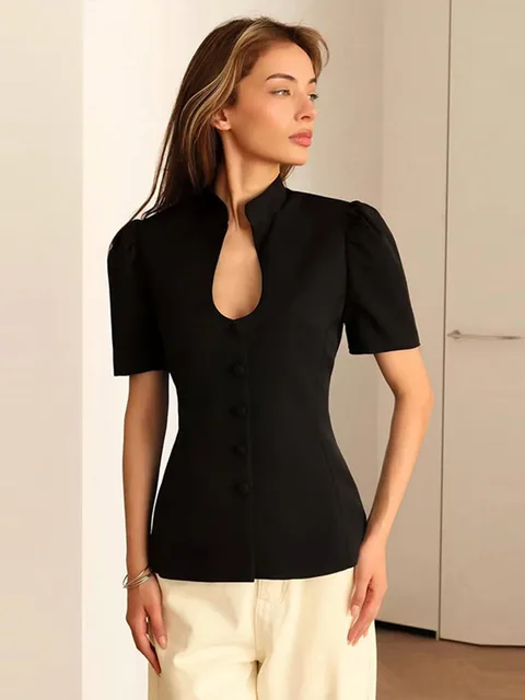 Fashion Women's Stand Collar Blazer Short Sleeve Button Puff Sleeves Solid Lady Top 2025 Summer Autumn Elegant Female Coat 2