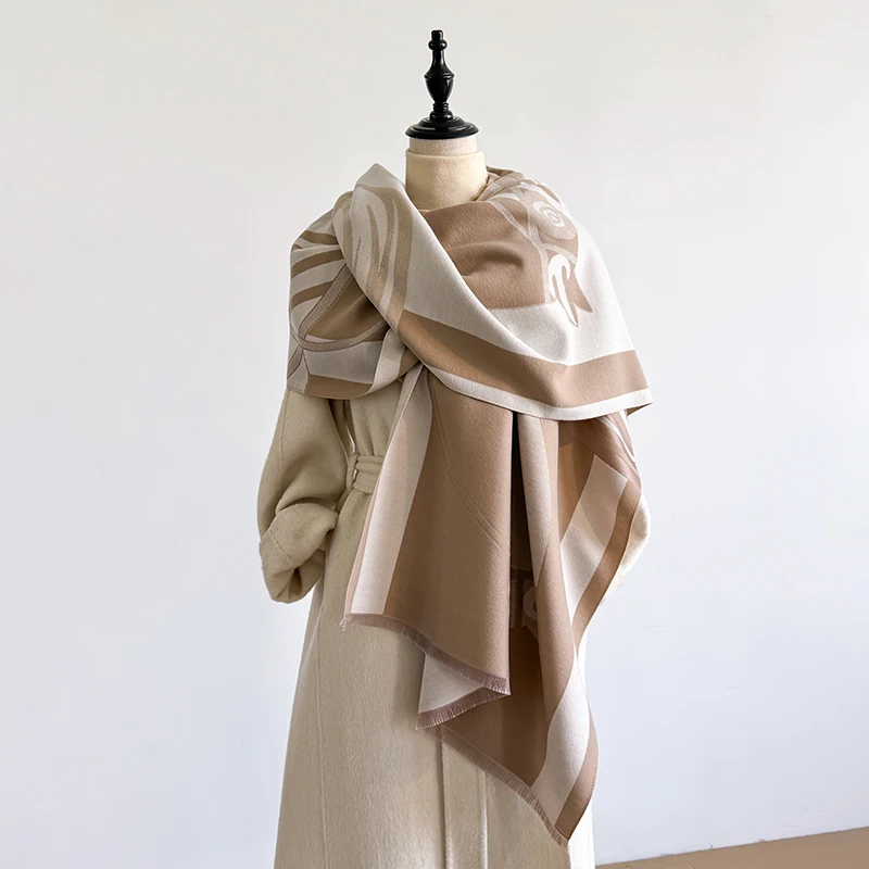 Elegant Floral Jacquard Scarf Imitation Cashmere Soft Warm Versatile Shawl Coldproof Windproof Blanket Scarf for Autumn Winter