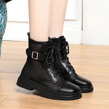 Spring Fashion Women Summer Mesh Lace-up Short Ankle Boots Versatile Casual Breathable Hollow Boots Platform Thin Shoes