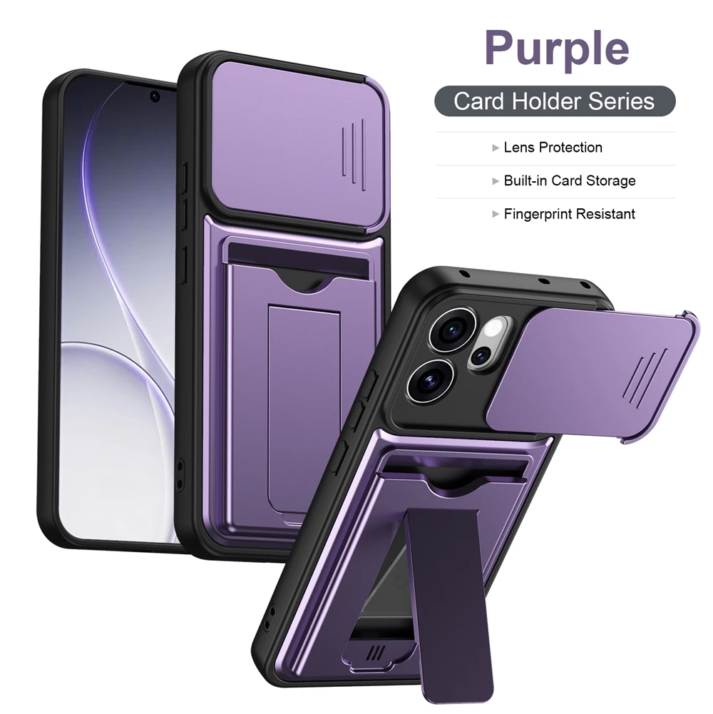 Durable Armor Wallet Case with Kickstand and Slide Lens Cover