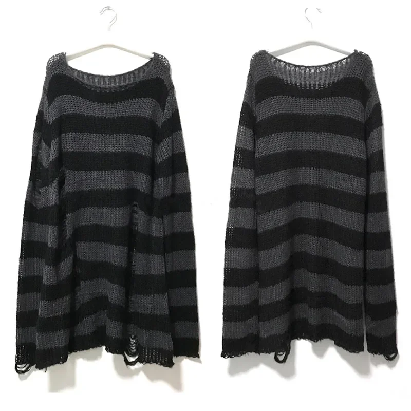 Suéter Punk Gótico Largo Para Mujer, Con Agujeros Rotos, Suéter A Rayas, Estampado, Rosado, One Size