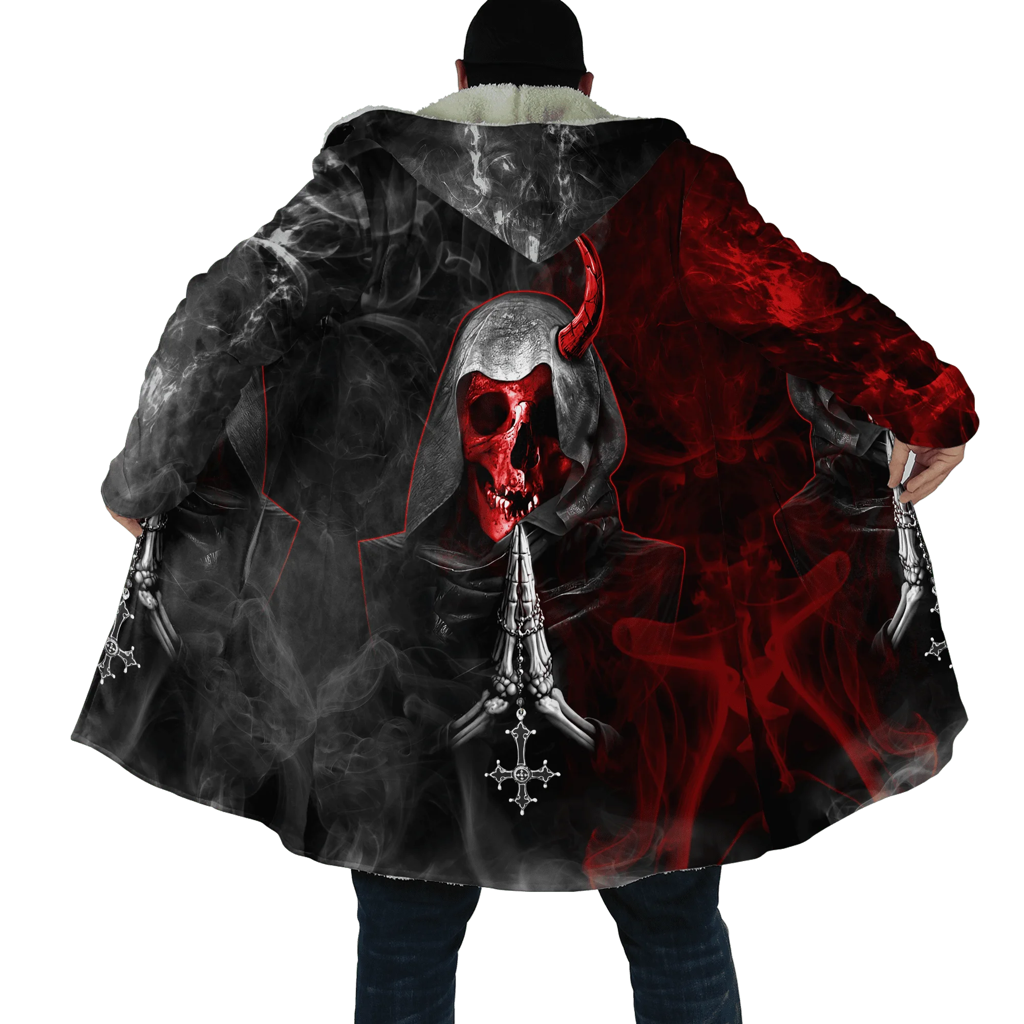 PLstar Cosmos Herren-Umhang, Totenkopf, Teufel, Tattoo, 3D-Allover-bedruckter Fleece-Kapuzenumhang, Unisex, lässig, dick, warm, Umhang, Mantel PF71 – Detail 20