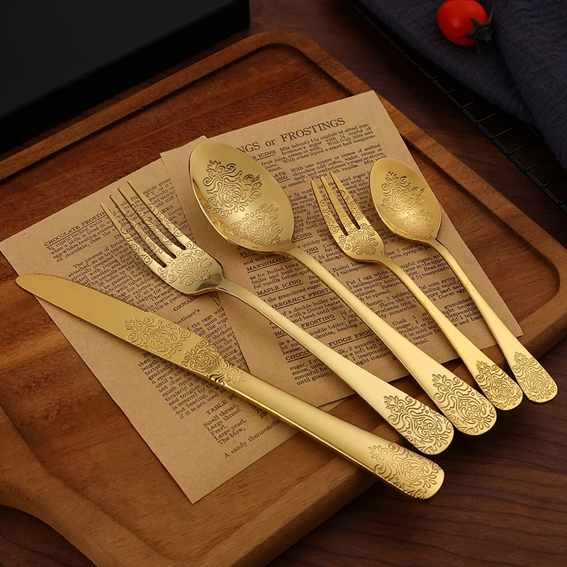 Cutlery Set Stainless Steel Tableware Carving Golden Dinnerware Set Knife Fork Spoon Silverware Flatware Kitchen Untensils 5Pcs picnic cutlery set western style cutlery set camping cutlery set stainless steel cutlery set cutlery set