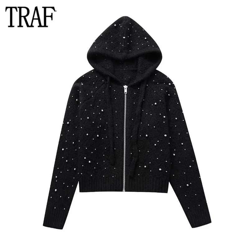 

TRAF 2023 Hooded Cardigans for Woman Glitter Knitted Sweater Cardigan Women Long Sleeve Cropped Cardigan Women New Knitwears