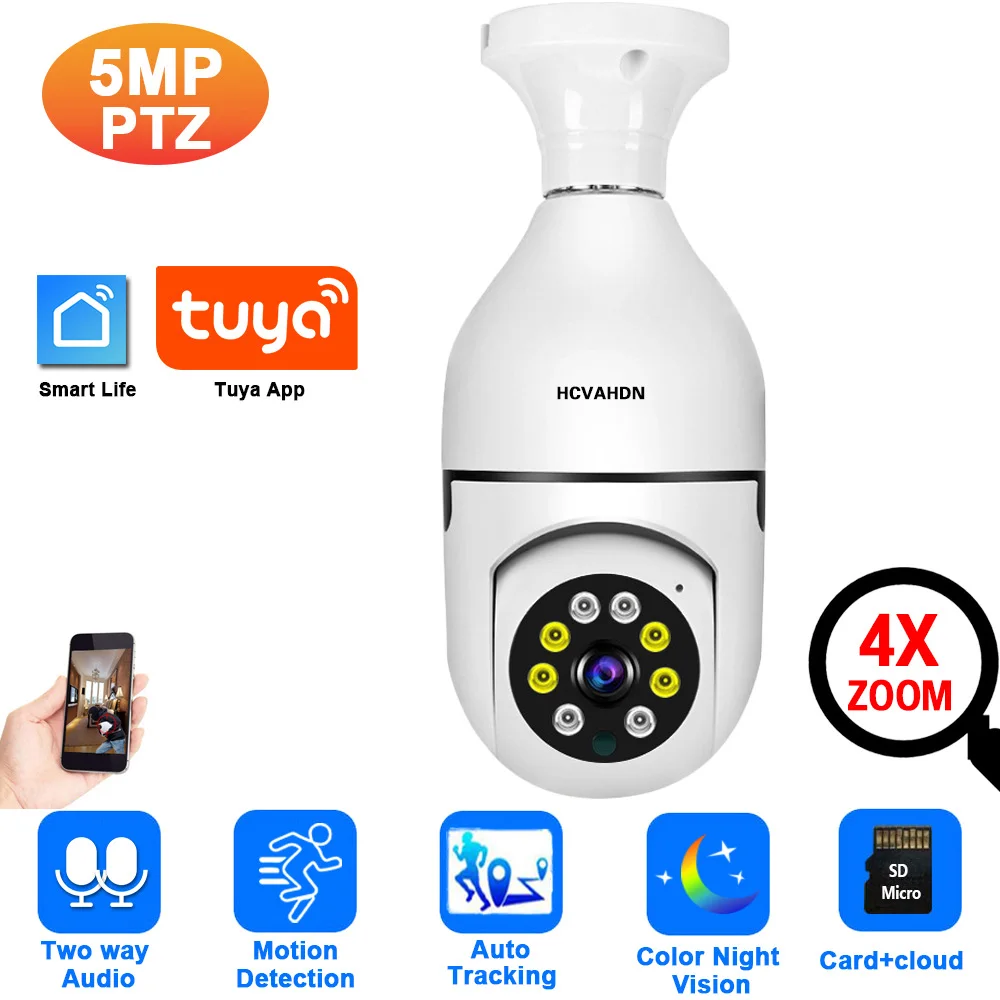 5MP Tuya Wireless Light Bulb Camera Color Night Vision Auto Tracking Wifi PTZ CCTV Security Surveillance Camera Smart Life Cam