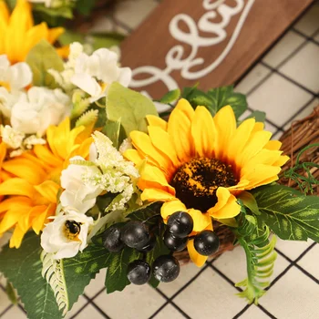 Spring Artificial Sunflower Wreath For Front Door Yellow Decorative Summer Floral Door Wreath Welcome Sign Wall Home Decoration 6