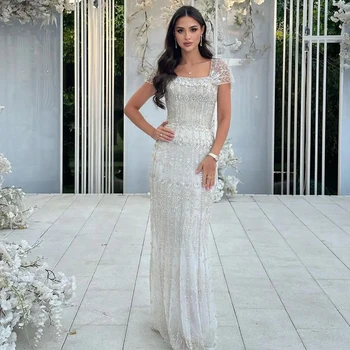 Serene Hill 2025 Arabic White Mermaid  Short  Beaded Long Evening Dresses Gowns For Occasion LA72714 Customized 1