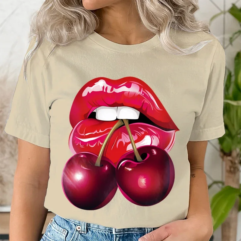 Summer Clothing LIPS CHERRY Print T-Shirts Short Sleeve Ladies