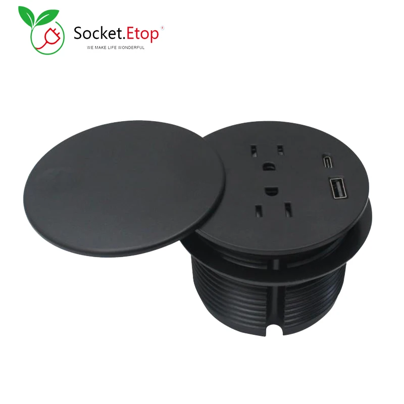 

80mm Hole US Plug Grommet Socket With 2 Power Outlet USB Type C For Phone Embedded Countertop For Office Home