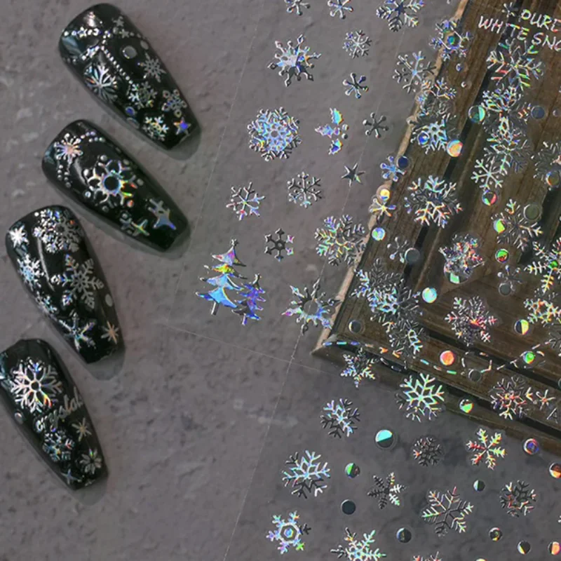 2026 Christmas New Year Nail Stickers - 1Sheet 3D Laser Press On Nail Decals Snowflake Snowman Christmas Tree Holiday Decoration