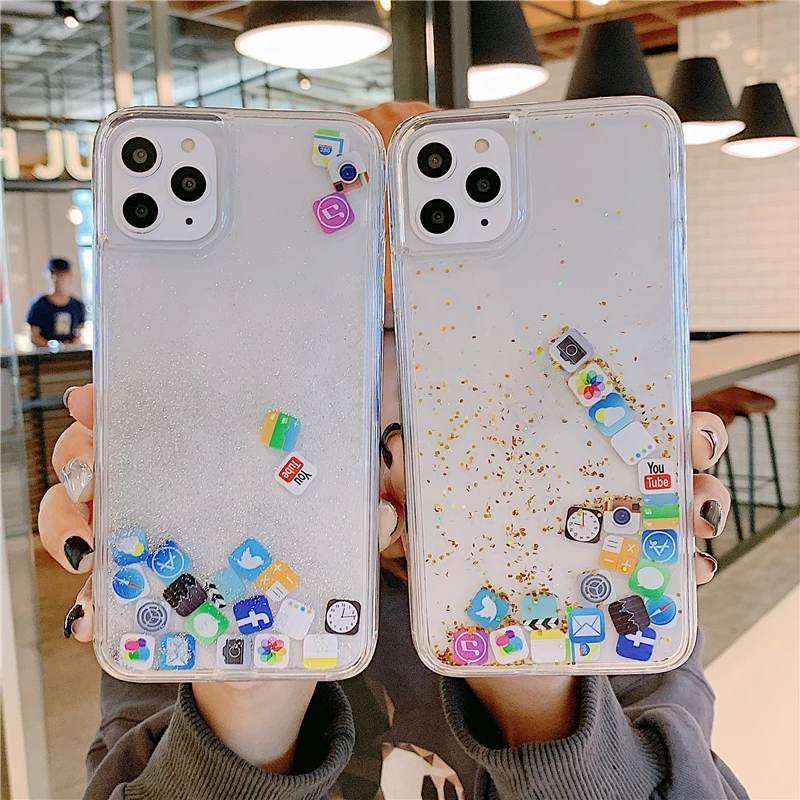 Icone Per Applicazioni Mobili Custodia Per Telefono Per Iphone 15 Cover Iphone15 14 13 12 Pro Max 11 15 Glitter Quicksand Liquid Floating Coque