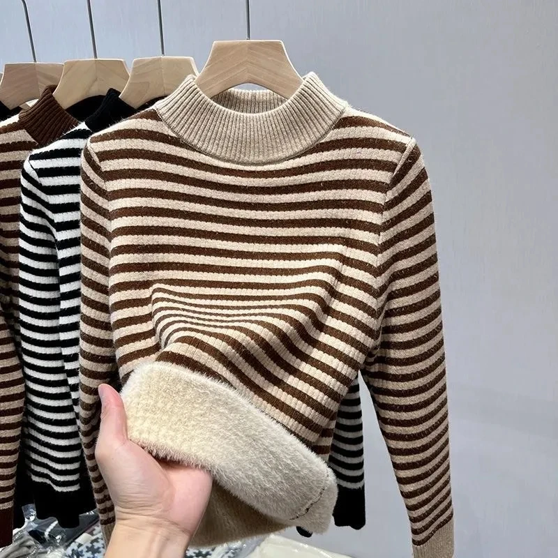 

Autumn Winter Women's Half Turtleneck Sweater Pullover 2024New Plush Stripe Knitted Sweater Female Jumper Warm Bottoming Shirt