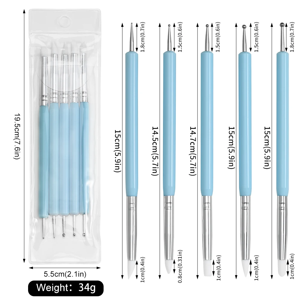 5 pcs/Set Soft Pottery Clay Nail Dotting Tools Silicone & Stainless Steel Two Head Sculpting Polymer Modelling Shaper Rhinestone 6