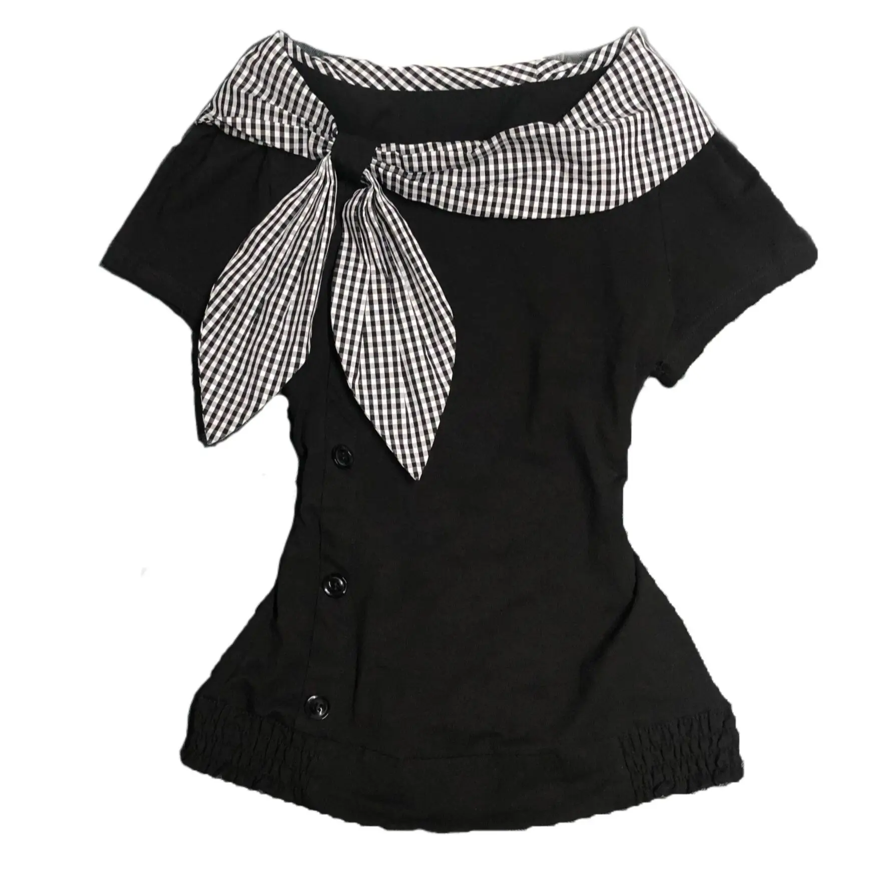 Cotton T Shirts Women's Clothes Fashion Irregular Camisetas Y2k Tops 2025 Ropa Mujer Plaid Sailor Collar Kawaii Summer T-shirts 1