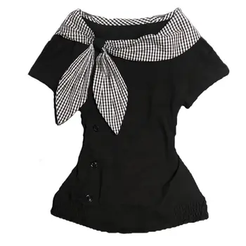 Cotton T Shirts Women's Clothes Fashion Irregular Camisetas Y2k Tops 2025 Ropa Mujer Plaid Sailor Collar  Kawaii Summer T-shirts 1