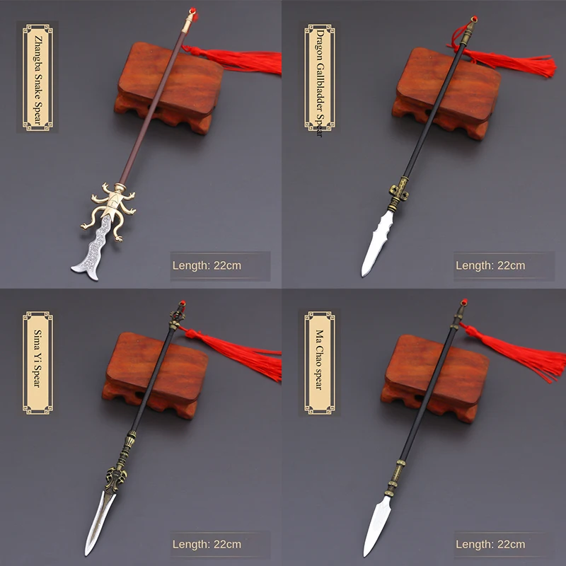 22cm Gold Spear Full Metal Lance Ancient Cold Weapon Model Ornament Toys for Men Boy Child Replica Miniatures With Fringe