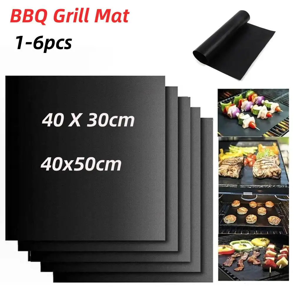Bbq Grill Mat 1-6Pcs Black BBQ Grill Mat Barbecue Outdoor Baking Non Stick Pad Reusable Cooking Plate for Party Mat Tools Accessorie