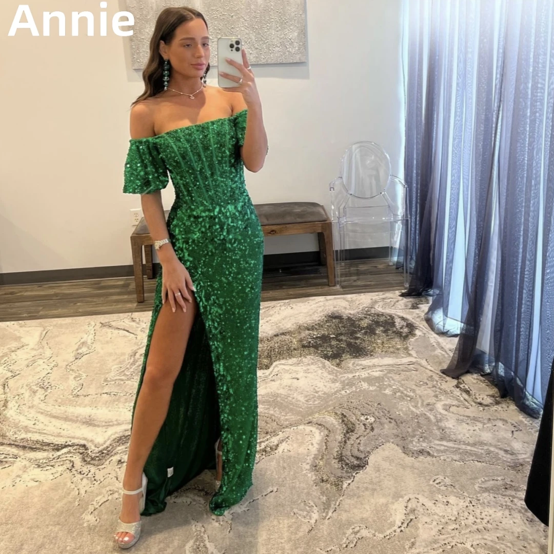 

Annie Sexy Off-the-shoulder Prom Dresses Green Fishtail Sequins Evening Dress Vestidos De Noche Formal Side Slit Party Dress