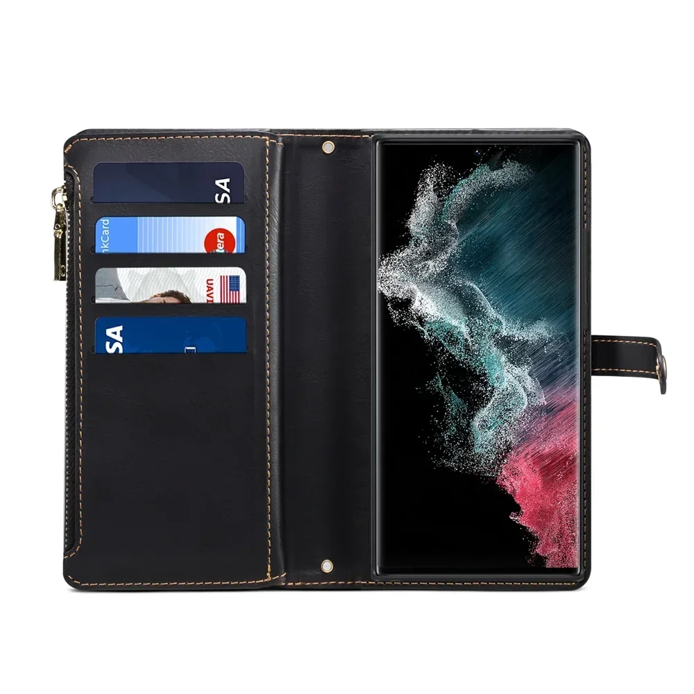 Crossbody Zipper Wallet Case with Card Holder and Lanyard Attachment in Leather