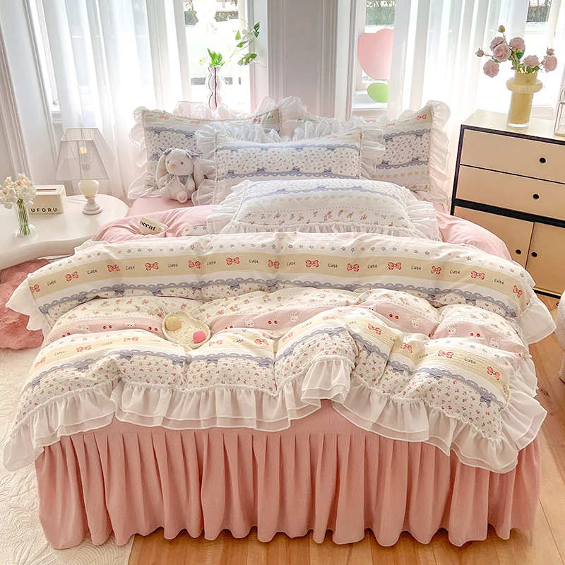 

Bonenjoy Bed Skirt Set Lace Style Duvet Cover Pillowcase with Bed Linen Girls Room Bedding Set Queen/King Size Bedclothes 이불세트