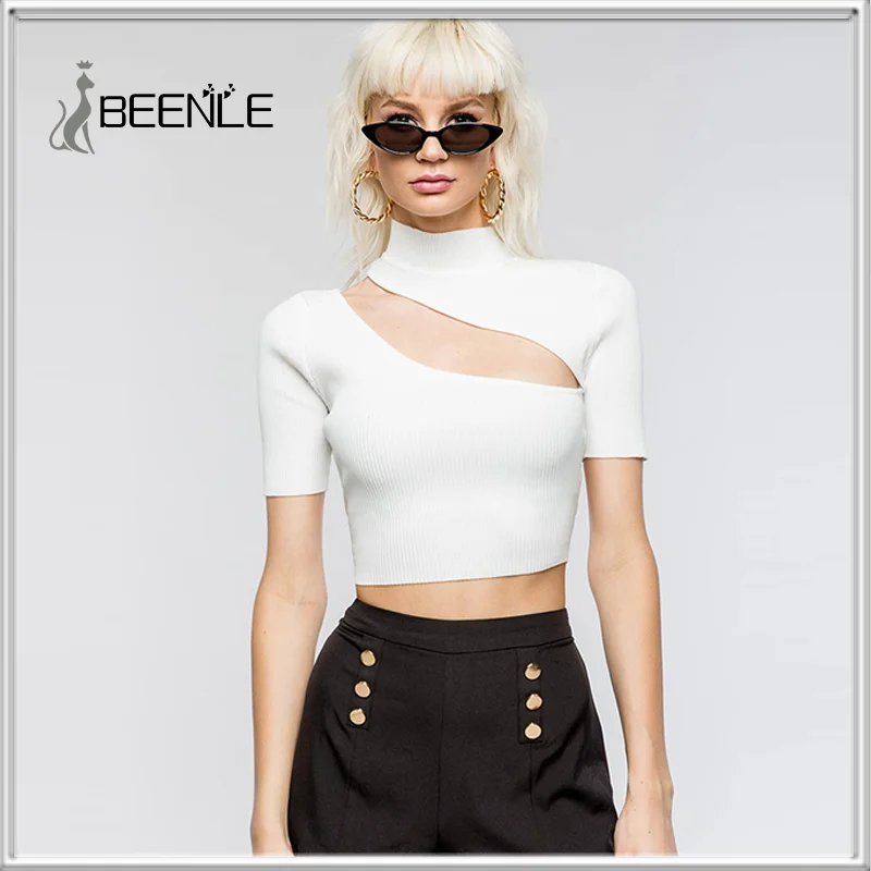 

BEENLE Sweater 2023 Women Spring Summer Cropped Navel Short-sleeved T-shirt Hollow Sexy Shirt Solid Blouses Women's Clothing