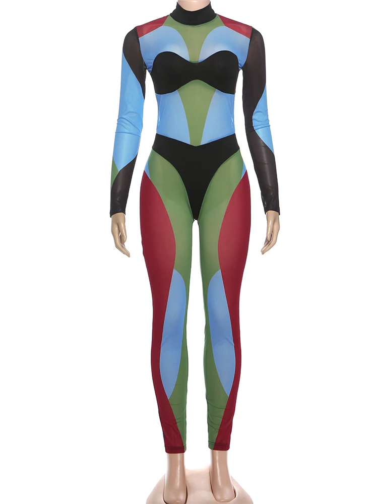 Nibber Colorful Print Jumpsuits Woman Turtleneck Full Sleeve Sexy See Through Skinny Peach Hip Hottie Street Fashion Overalls