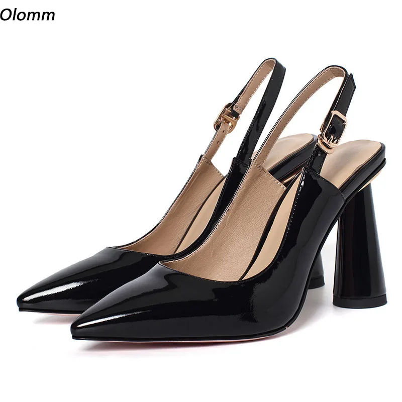 

Olomm Women Shiny Pumps Cow Leather Sexy Round Heels Pointed Toe Pretty Black White Party Shoes Ladies Plus US Size 3-9.5