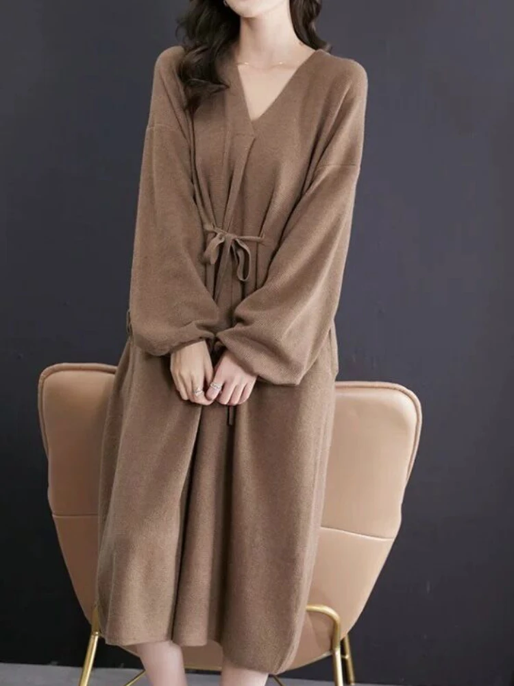 

Women's Sweater Dress Autumn Winter V-neck Korean Edition Elegant Loose Lazy Bottom Mid Length Large Solid Knitted Woolen Dress