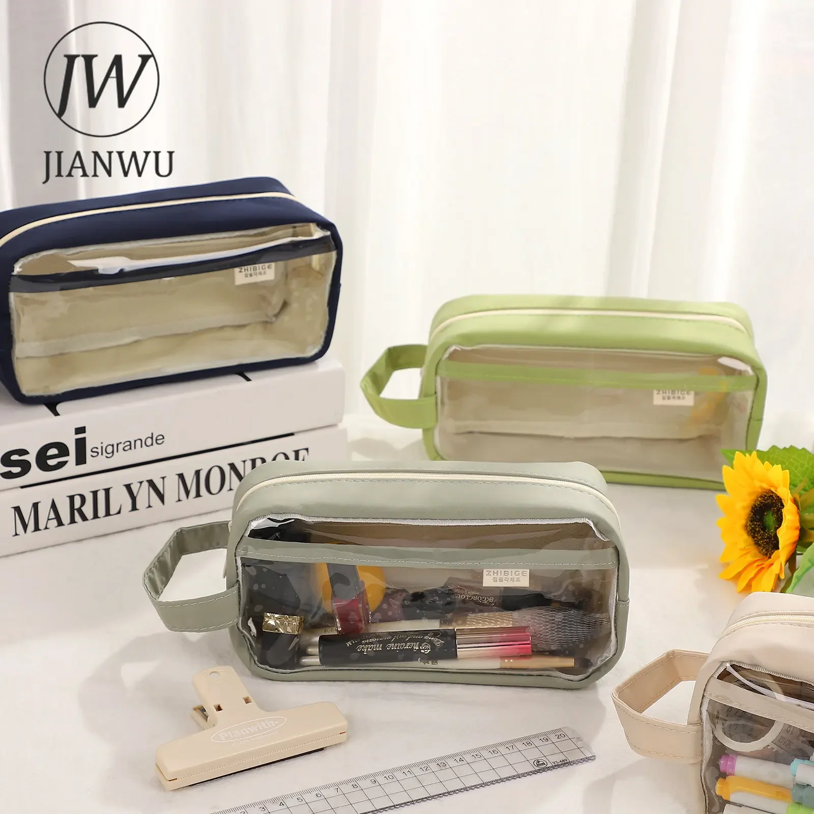 

JIANWU 1 шт. простая портативная прозрачная чехол-карандаш большой вместимости холщовая ПВХ сумка для хранения на молнии креативная Студенческая стационарная