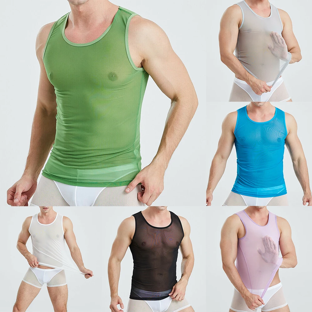 Business Casual Comfy Shirts Tops Beach Breathable Gym Mesh Muscle See-through Sheer Shirt String Vest Tank Tops