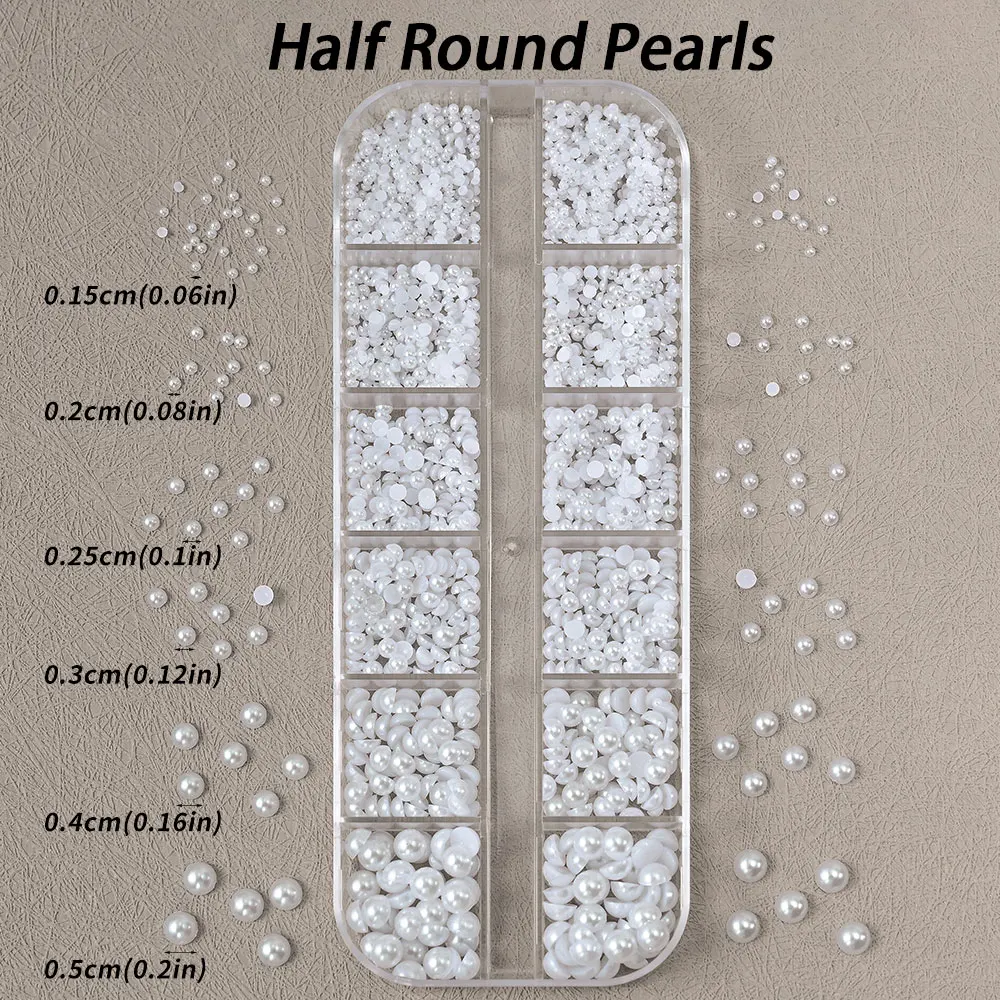 12grids Half Round Pearls Beads 3D Nail Charms 1.5/2/2.5/3/4/5mm White Flatback Pearls Nail Jewelry Nail Craft Pearl Rhinestones 3