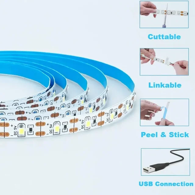DC 5V USB LED bandes 2835 blanc chaud LED bande lumineuse TV fond éclairage bande décor à la maison lampe 1- 5m LED chaîne lumière 3
