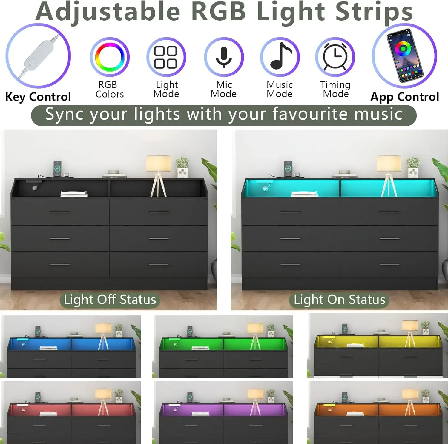 Chest of Drawers with LED Light, Modern Dresser with Open Storage Cubby, Double Wide Dresser Organizer for Bedroom 4