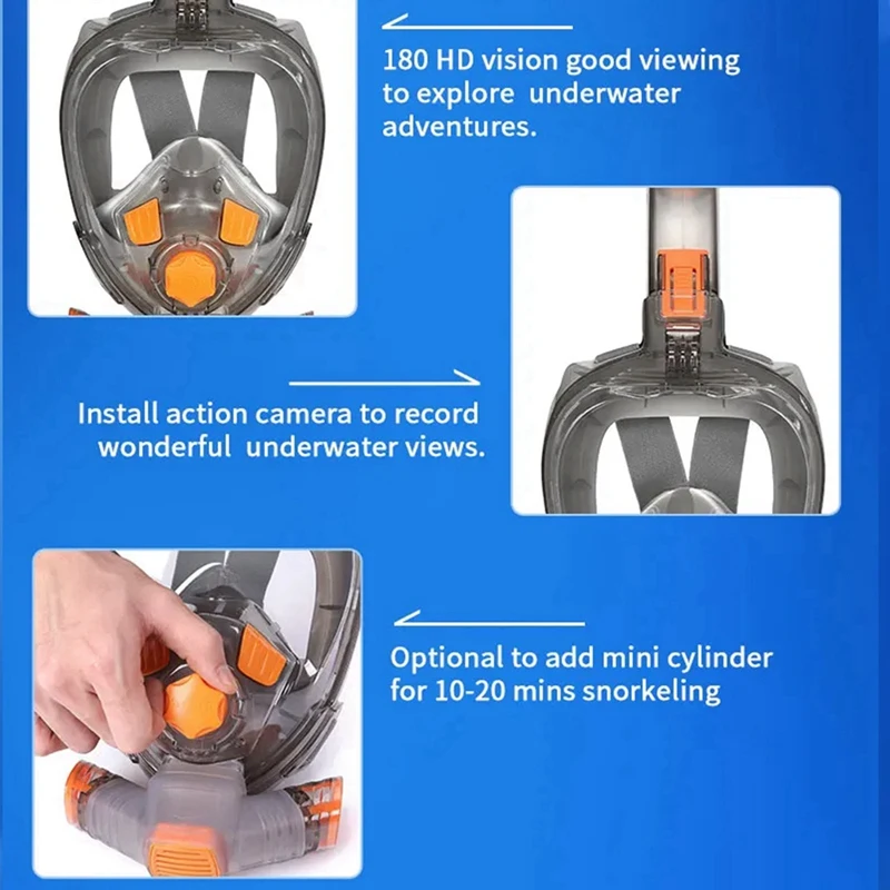 Snorkel Mask Man Woman Scuba Underwater Full Face Diving Mask Orange & Gray (L/XL)