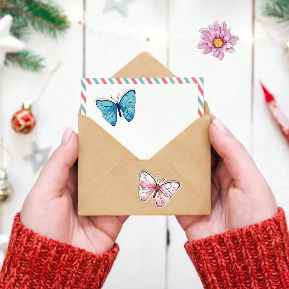500 Stück/Rolle Schmetterlings-Blumen-Vinyl-Aufkleber, selbstklebende Etiketten für Zuhause, Wand, Party, Geschenk, Frühling, DIY-Dekorationen (dekorativ) – Detail 9