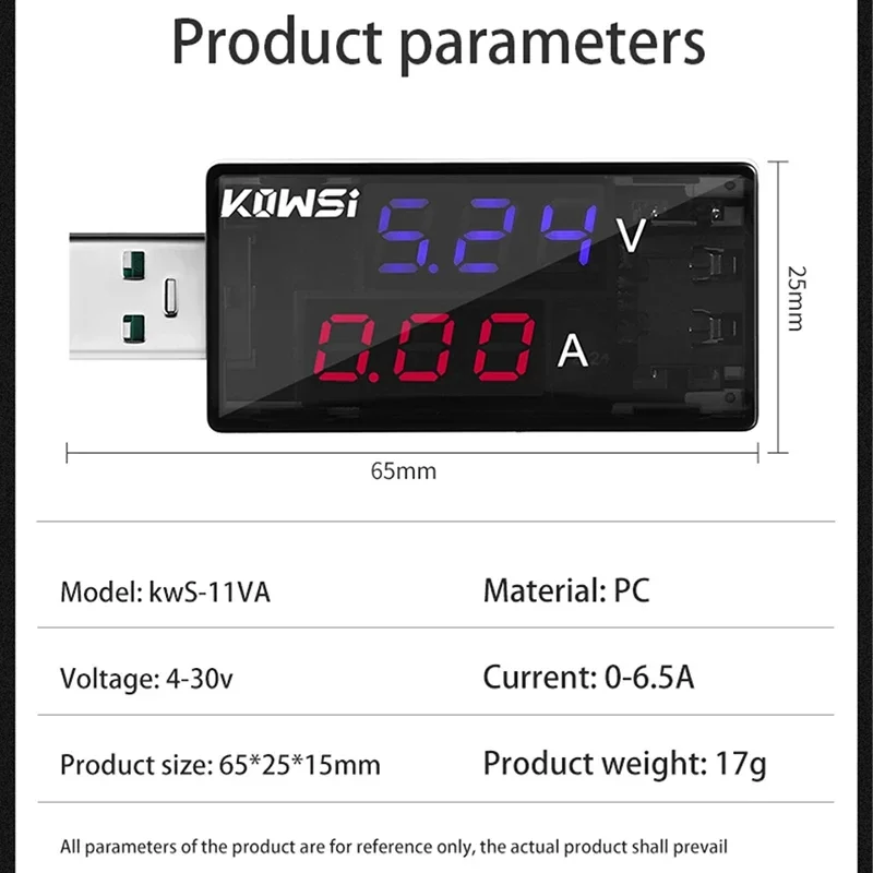 KWS-11VA USB 테스터 DC 4-30V 디지털 볼트미터 6.5A 전류 전압계 암미터 모바일 전원 감지기 배터리 용량 테스터
