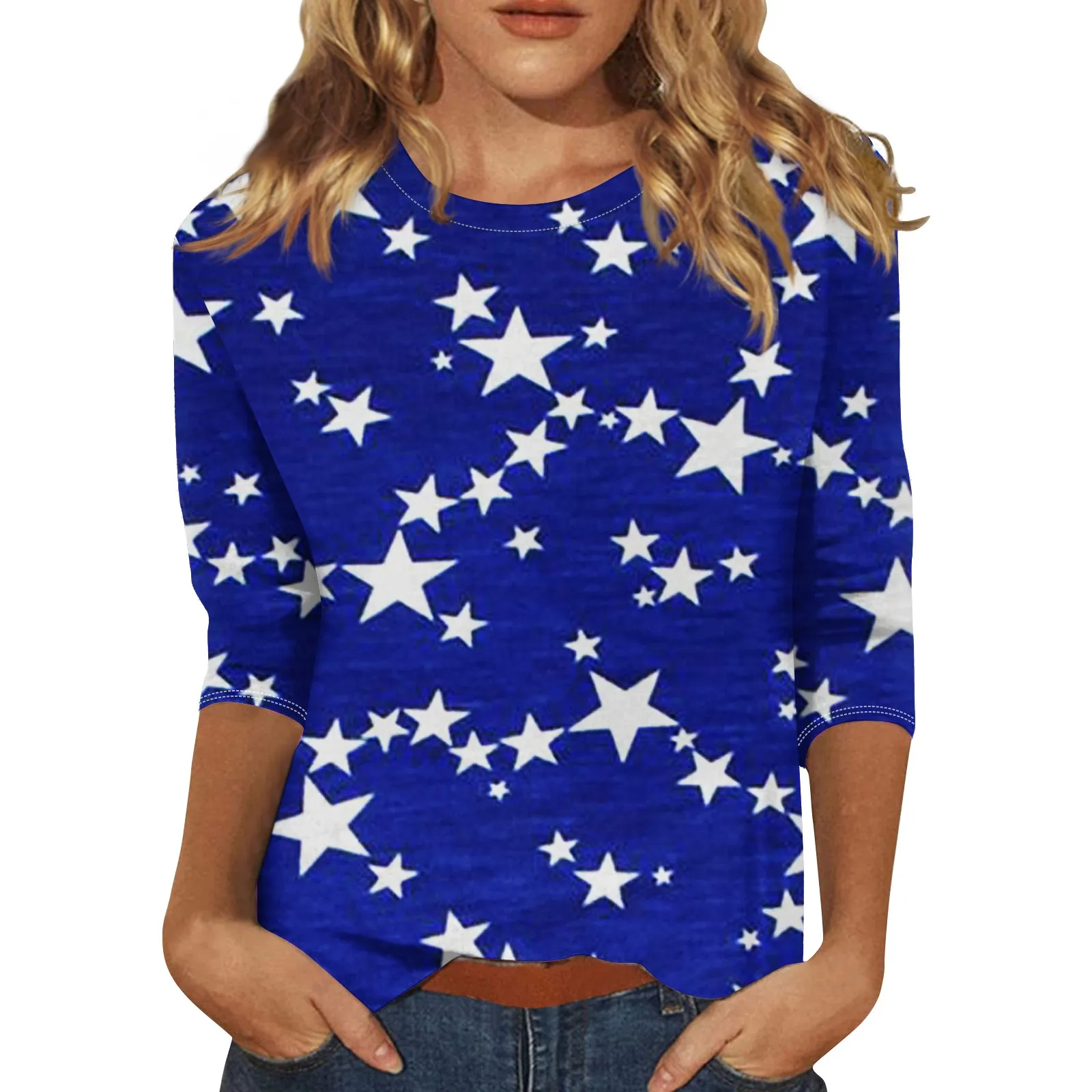 

American Flag Print T-shirt Women Independence Day 3/4 Sleeve Crew Neck Casual Top For Summer & Spring Women's Clothing