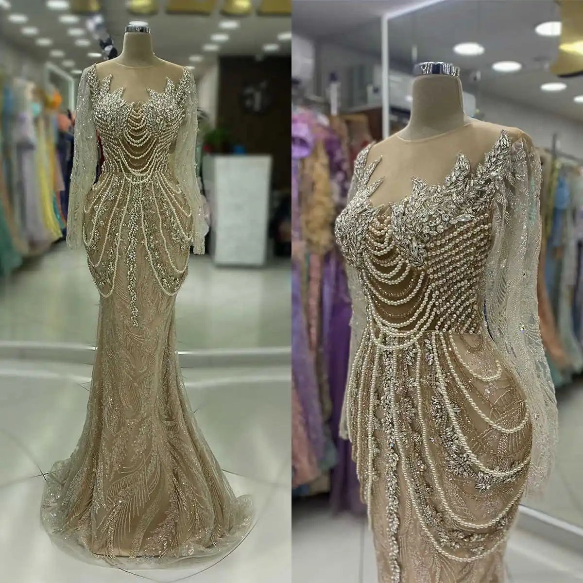 

Luxury Women Evening Dresses Sheer Neck Long Sleeves Prom Gowns Pearls Crystal Sweep Train Dress Custom Made Robe De Soiree