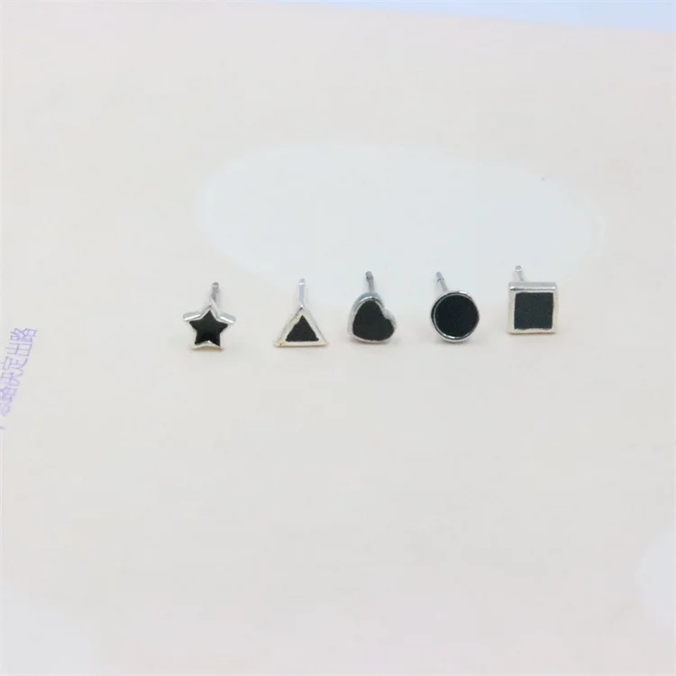

ZFSILVER 100%925 Sterling Silver Fashion Simple Black Star Round Square Heart Triangle Stud Earrings Jewelry For Women Girl Gift