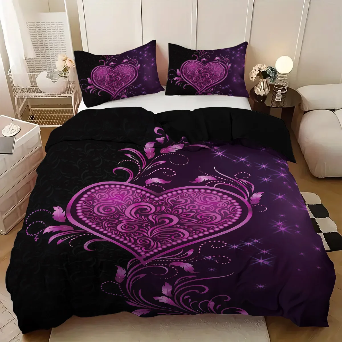 3pcs purple rose heart patterned duvet cover set, 1 duvet cover+2 pillowcases, coreless. Soft and comfortable bedding set