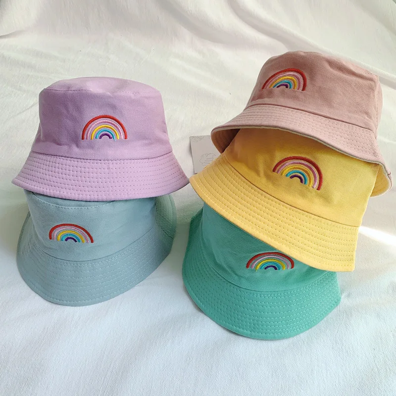 

Kids Bucket Hat Double-sided Wear Rainbow Newborn Boy Girl Panama Caps 2023 Spring Summer Baby Outdoor Beach Children Sun Hats