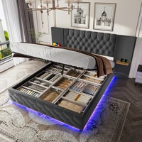 Современный каркас кровати 160x200 см — широкое мягкое изголовье со светодиодной подсветкой и USB-портами, кровать для хранения с гидравлическим подъемником, место под кроватью