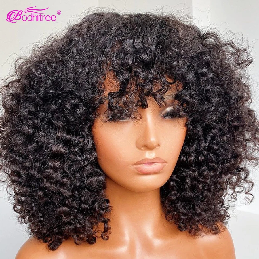 

Mongolian Afro Kinky Curly Human Hair Wig With Bangs Short Curly Bob Wigs Virgin Glueless Full Machine Made Wigs For Black Women