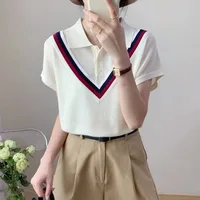 Aesthetic Splicing Baggy Women's Polo Shirts Contrast Color Summer Outfit Ice Silk Short Sleeve Female Tee Lapel Button T-shirts - Image 4