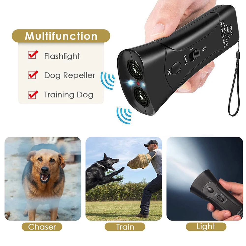 Pet Dog Repeller Anti Dog Barking Device with LED Flashlight Dual Sensor Ultrasonic Bark Control Device 3 Modes for Small Dogs